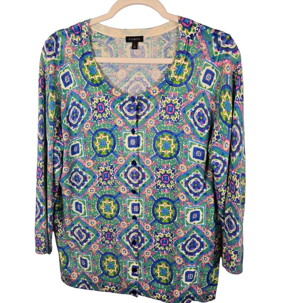 COASTAL GRANDMA Talbots Women's Cardigan L Geometric Knit Button Long SleevE